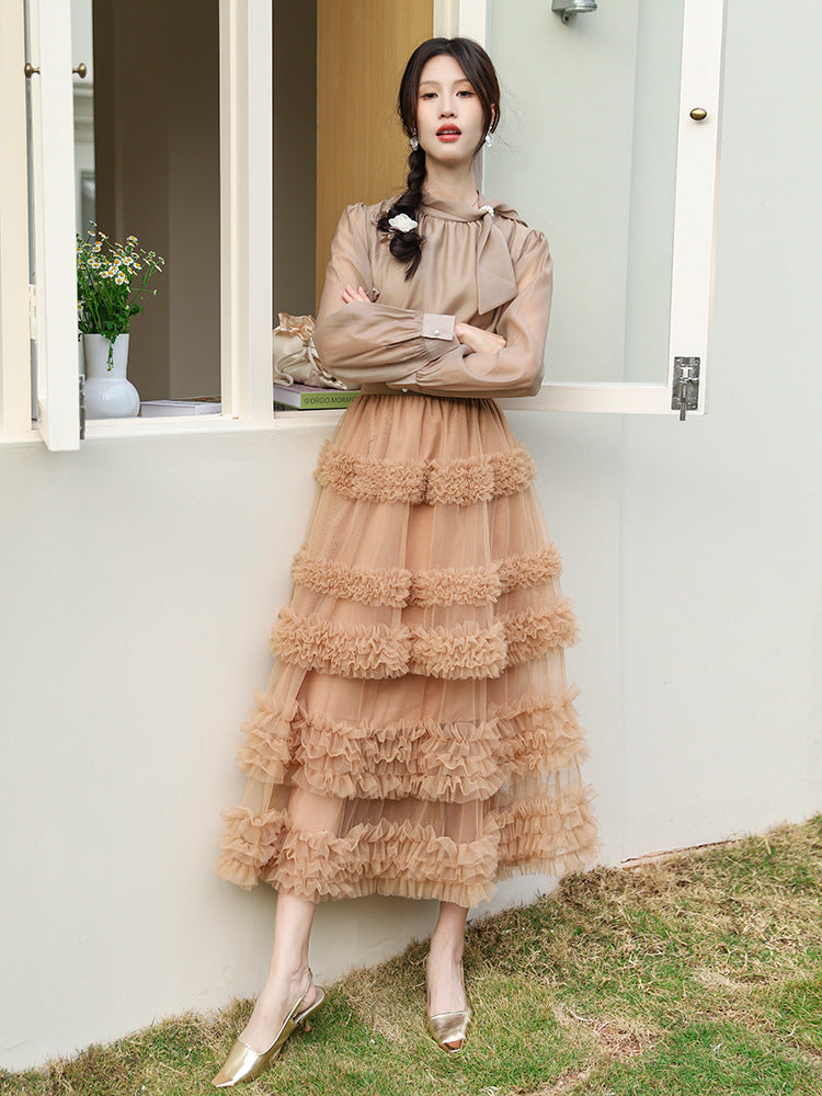 Layered Tulle Skirt - High Waist Ruffled Lace Trim Semi-Formal Skirt