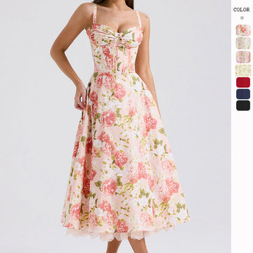 Elegant Floral Print French Summer Dress