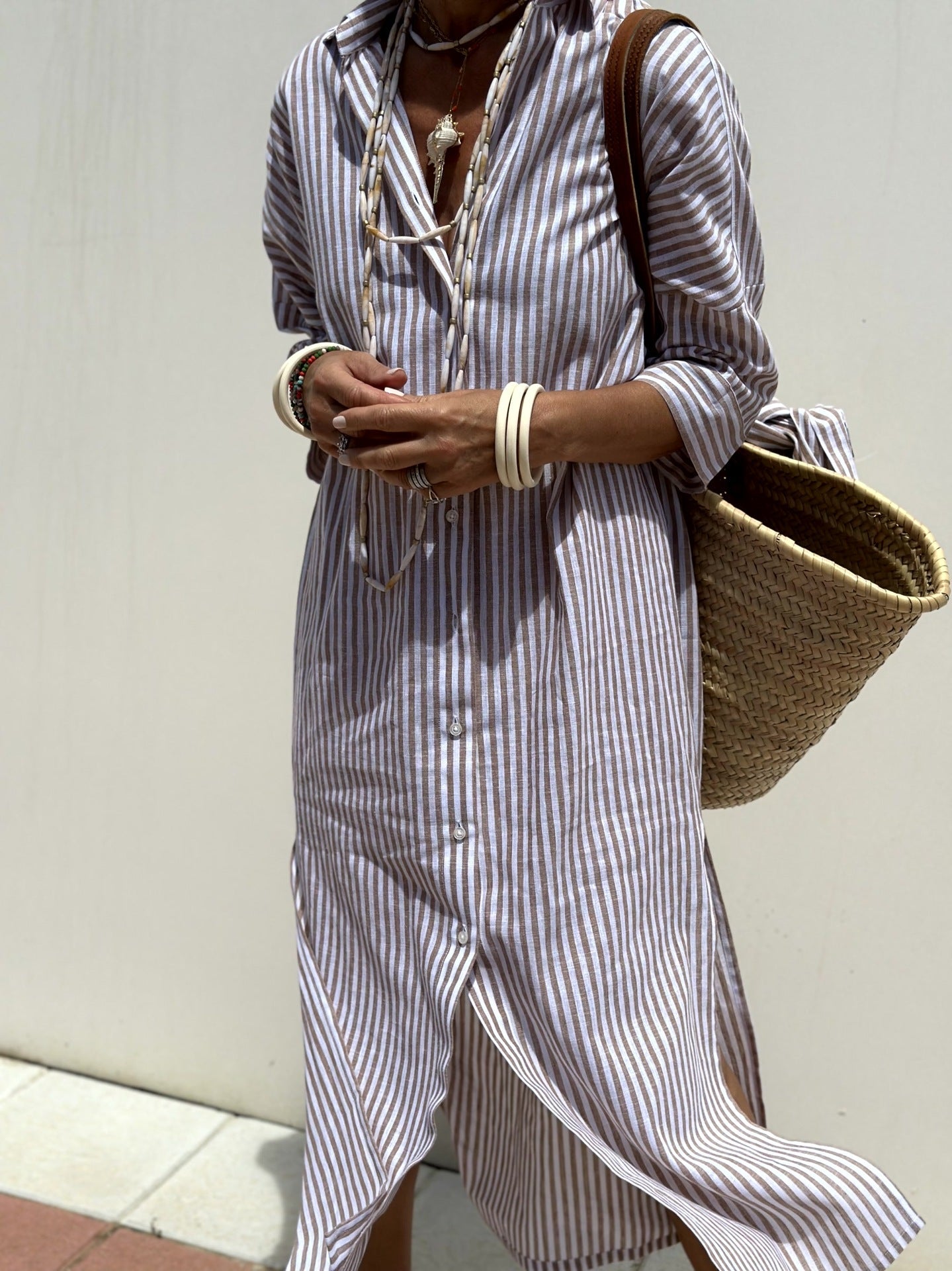 Women's half Sleeve Striped Button-Down Shirt Dress with Lapel Collar