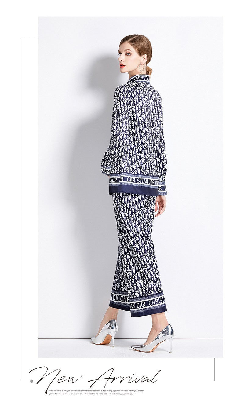 Versatile and Slimming Shirt Paired with Loose Positioned Printed Wide-Leg Pants Set