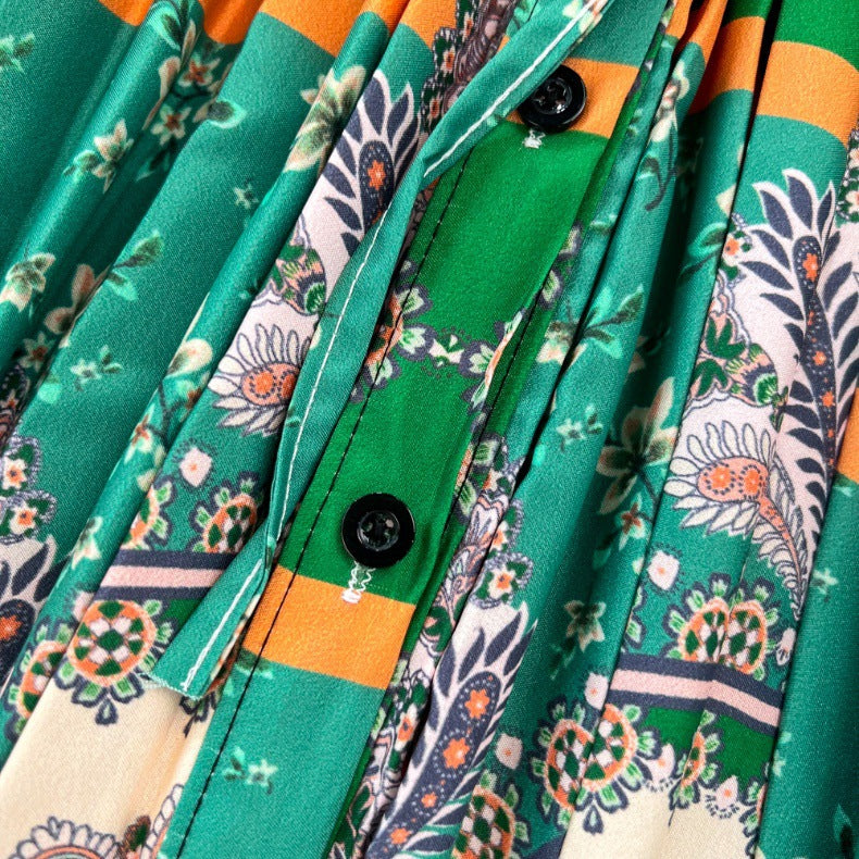 Retro Palace Style Lantern Sleeve Round Neck A-Line Floral Print Button-Down Waist Dress