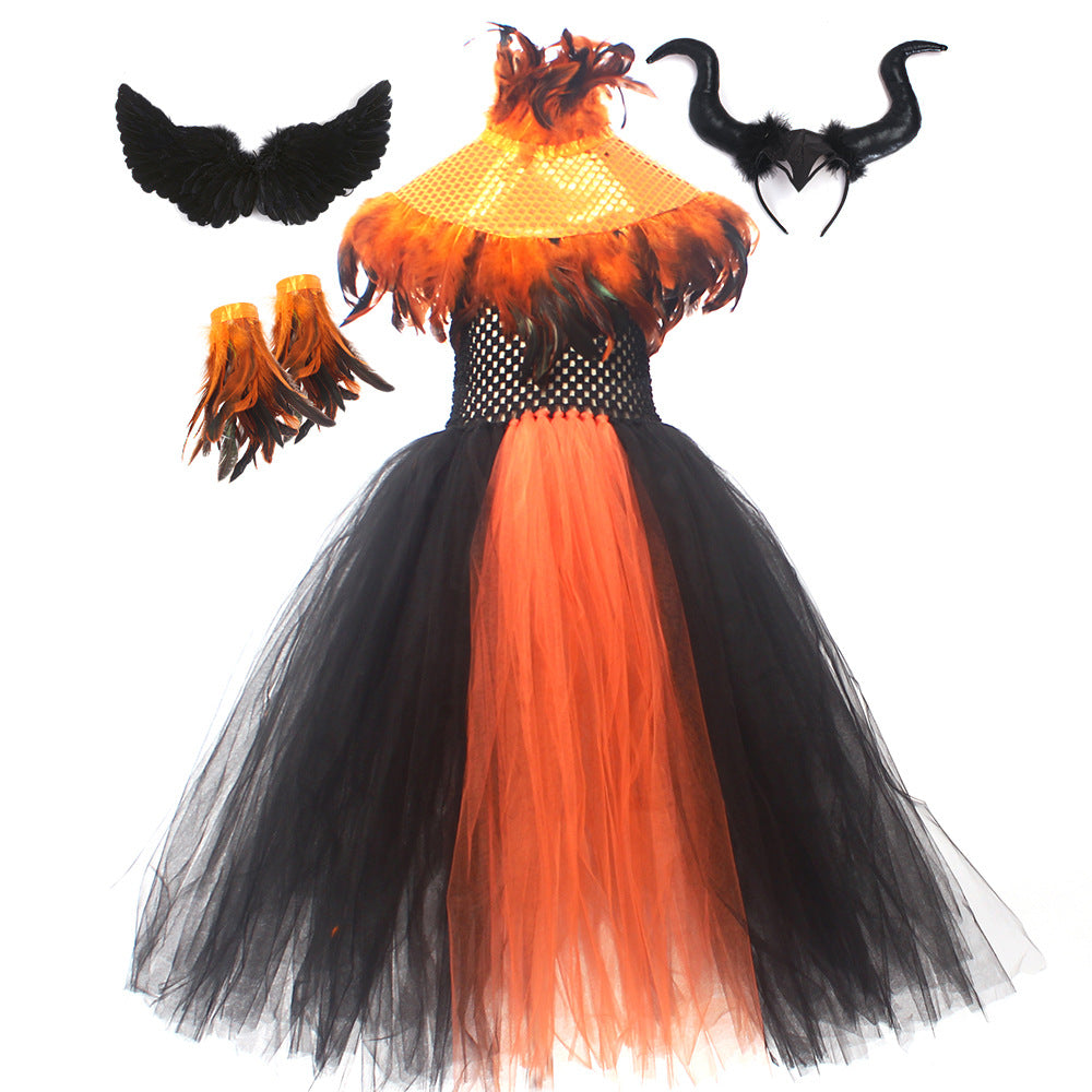 Halloween Glitter Feather Collar Witch Long Dress