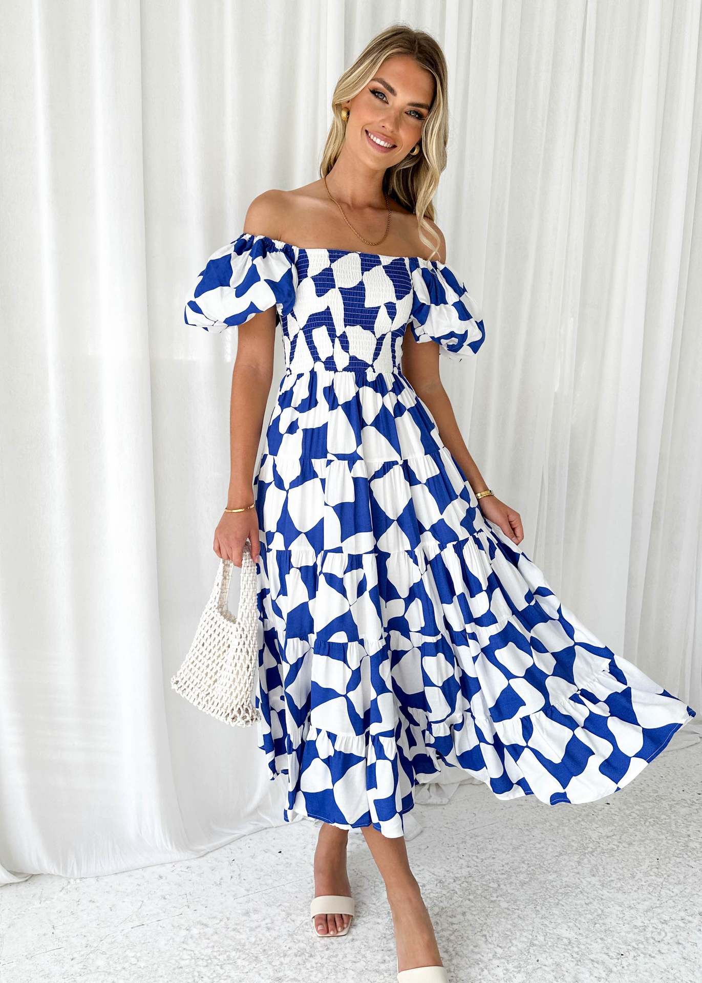 Spring Summer Off-Shoulder Floral Print Puff Sleeve Dress
