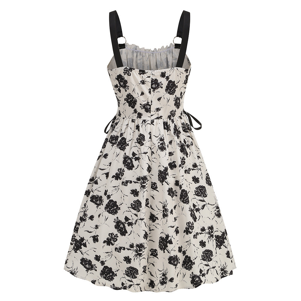 legant Floral Print O-Ring Strap Slimming Party Dress