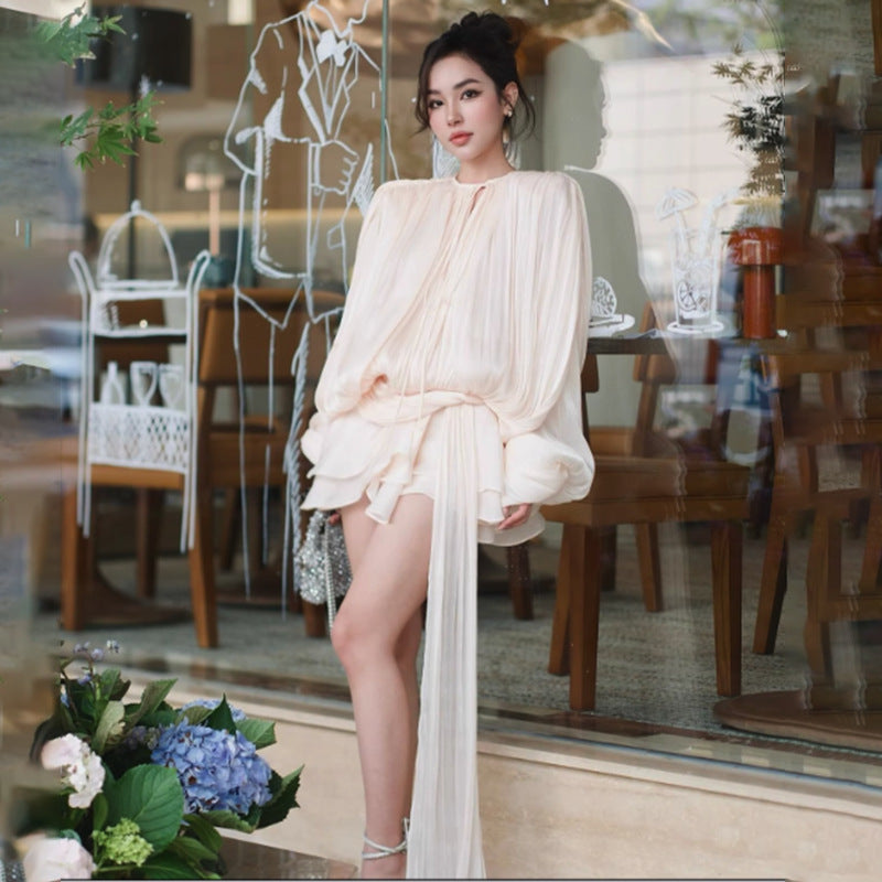 Designed Sweet Style Beach Dress – Loose Fit Long Sleeve Wrap Belt Waist Mini Dress