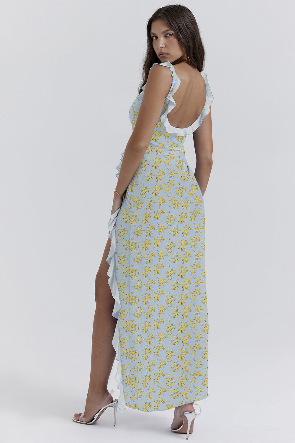 Strappy Ruffle Detail High-Slit Long Dress