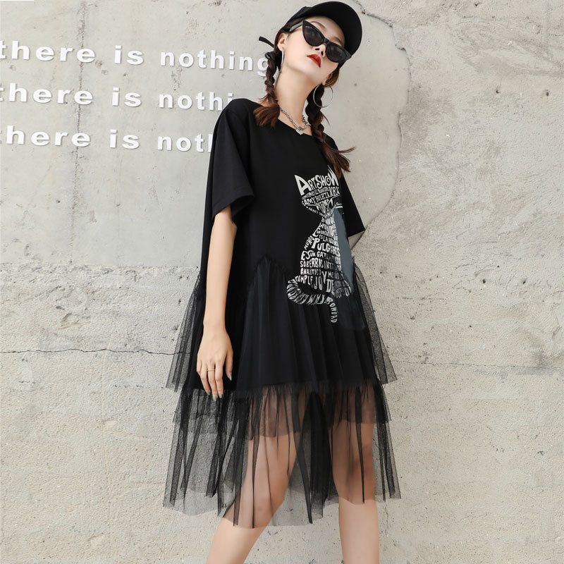 Cat Designed Tulle Loose Summer Black Midi Dresses-Dresses-Black-One Size-Free Shipping at meselling99