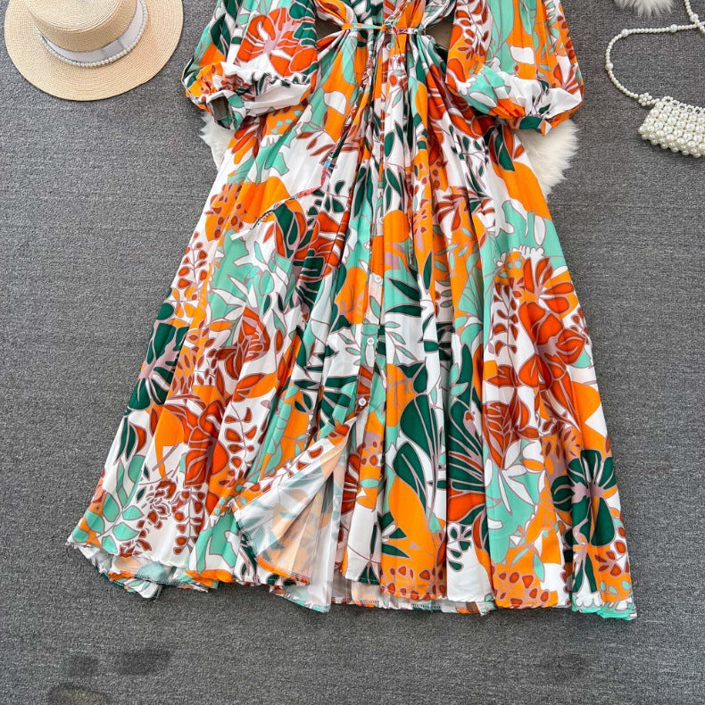 Retro Palace Style Lantern Sleeve Round Neck A-Line Floral Print Button-Down Waist Dress