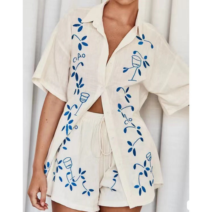 Women's 2-Piece Set – Lapel Short Sleeve Shirt & Shorts Outfit