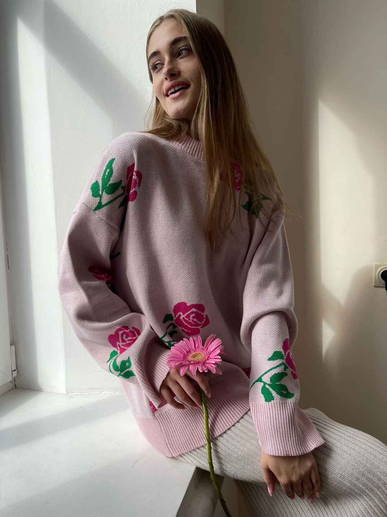 Fashion Rose Flowers Winter Knitted Women Sweaters