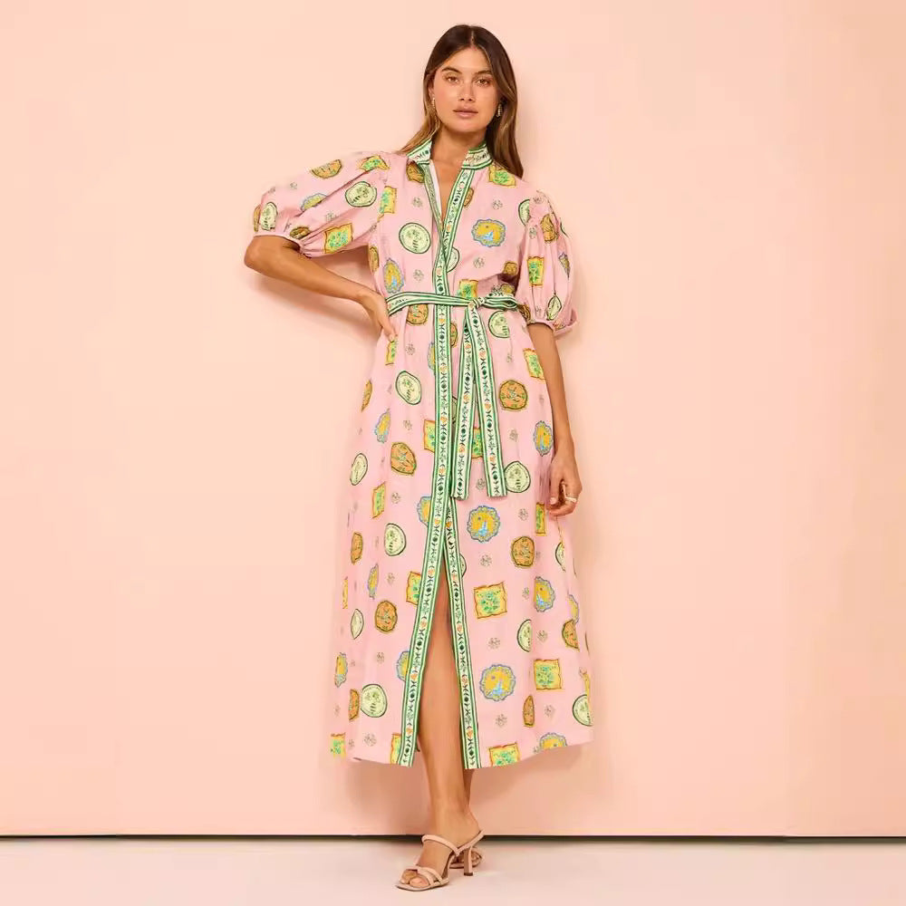 Stylish Linen Dress with Graffiti Print and Lantern Sleeves