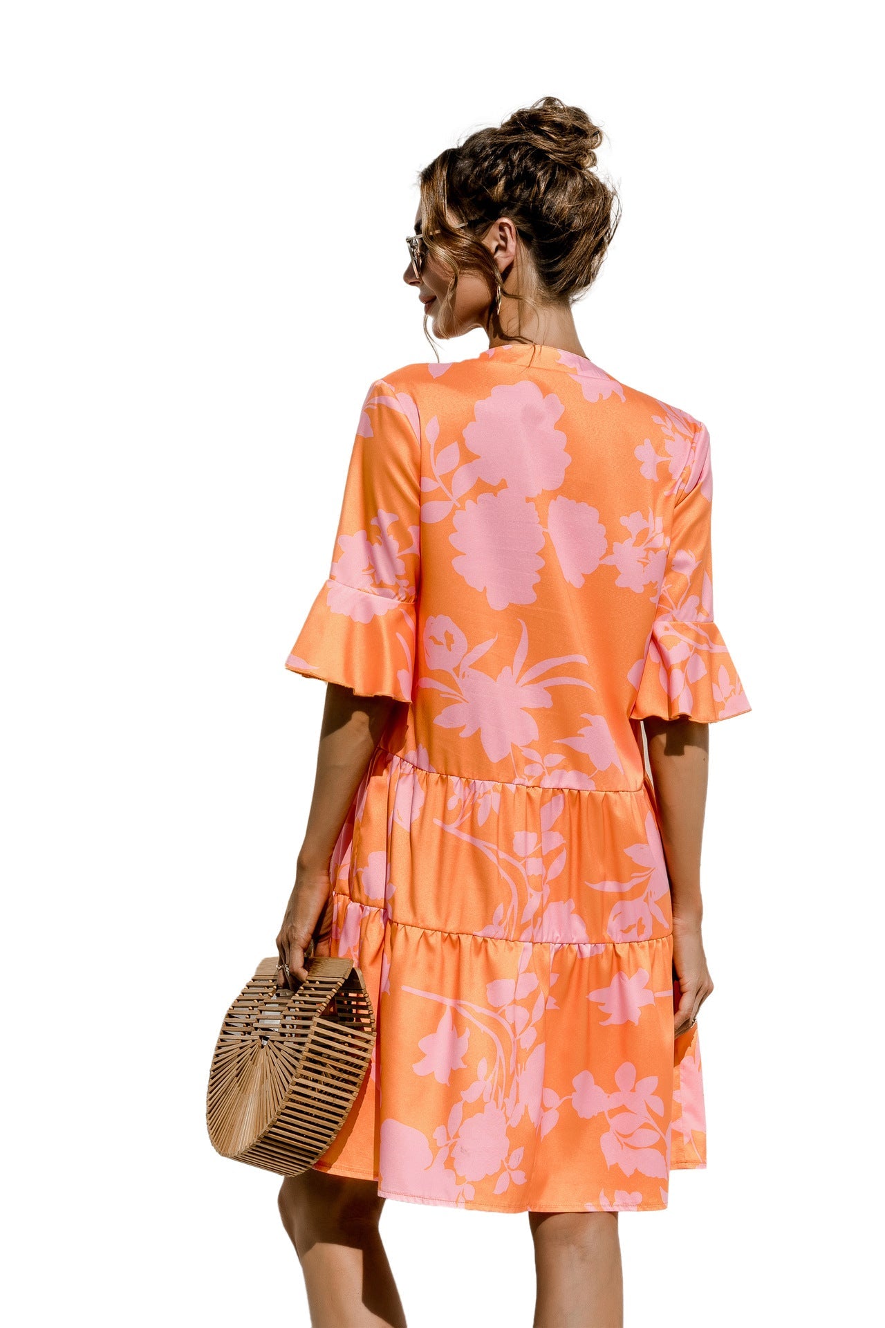 Women's V-Neck Flared Sleeve Tiered Contrast Panel Dress