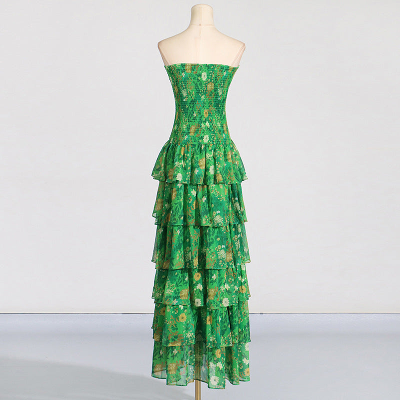 Designed Green Elegant Off-Shoulder Strapless Chiffon Maxi Dress