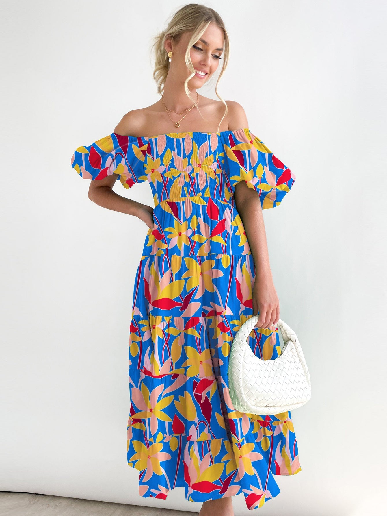 Spring Summer Off-Shoulder Floral Print Puff Sleeve Dress