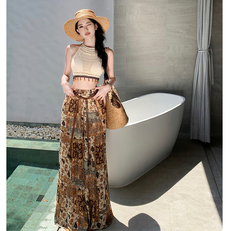 Bohemian Print High-Waisted Wide-Leg Flare Pants with Cami Top-Tank Top One Size-S-Free Shipping Leatheretro