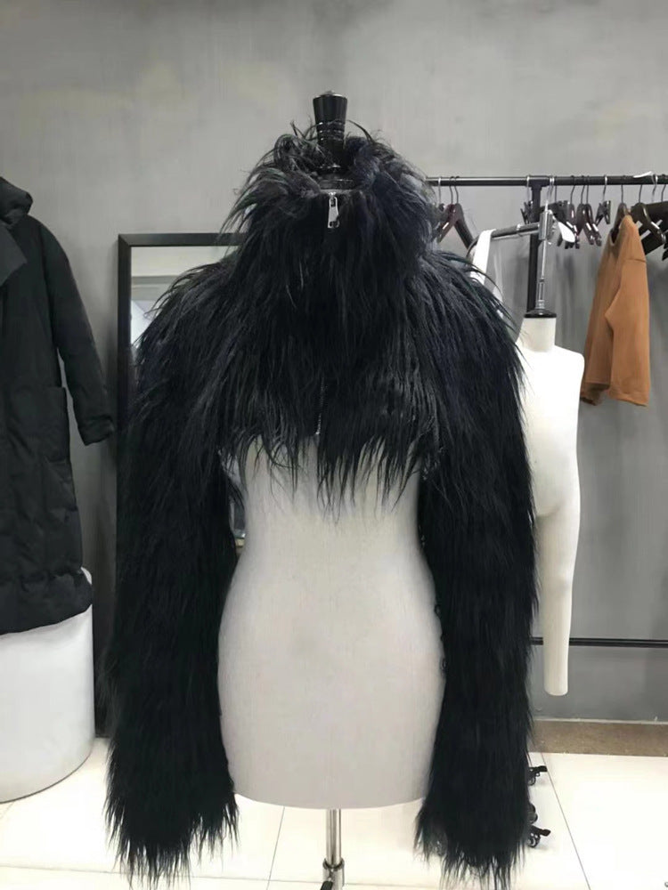 Halloween Dark Fantasy Horned Headpiece & Cropped Faux Fur Jacket Set