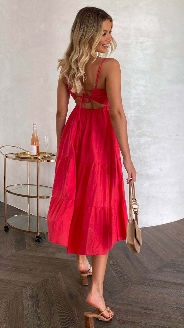 Shirley Ruffle Tiered Midi Dress - Tomato Red