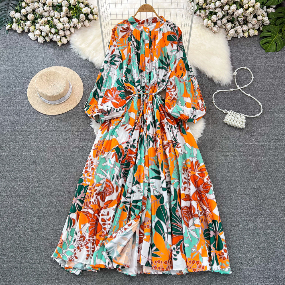 Retro Palace Style Lantern Sleeve Round Neck A-Line Floral Print Button-Down Waist Dress
