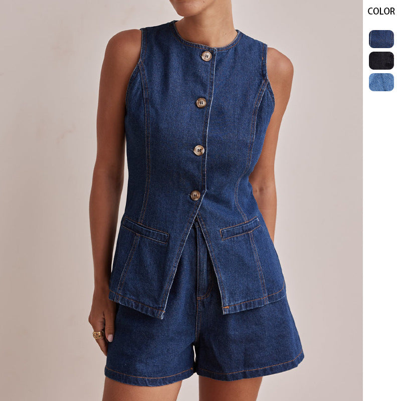 High-Waisted Distressed Denim Shorts Set