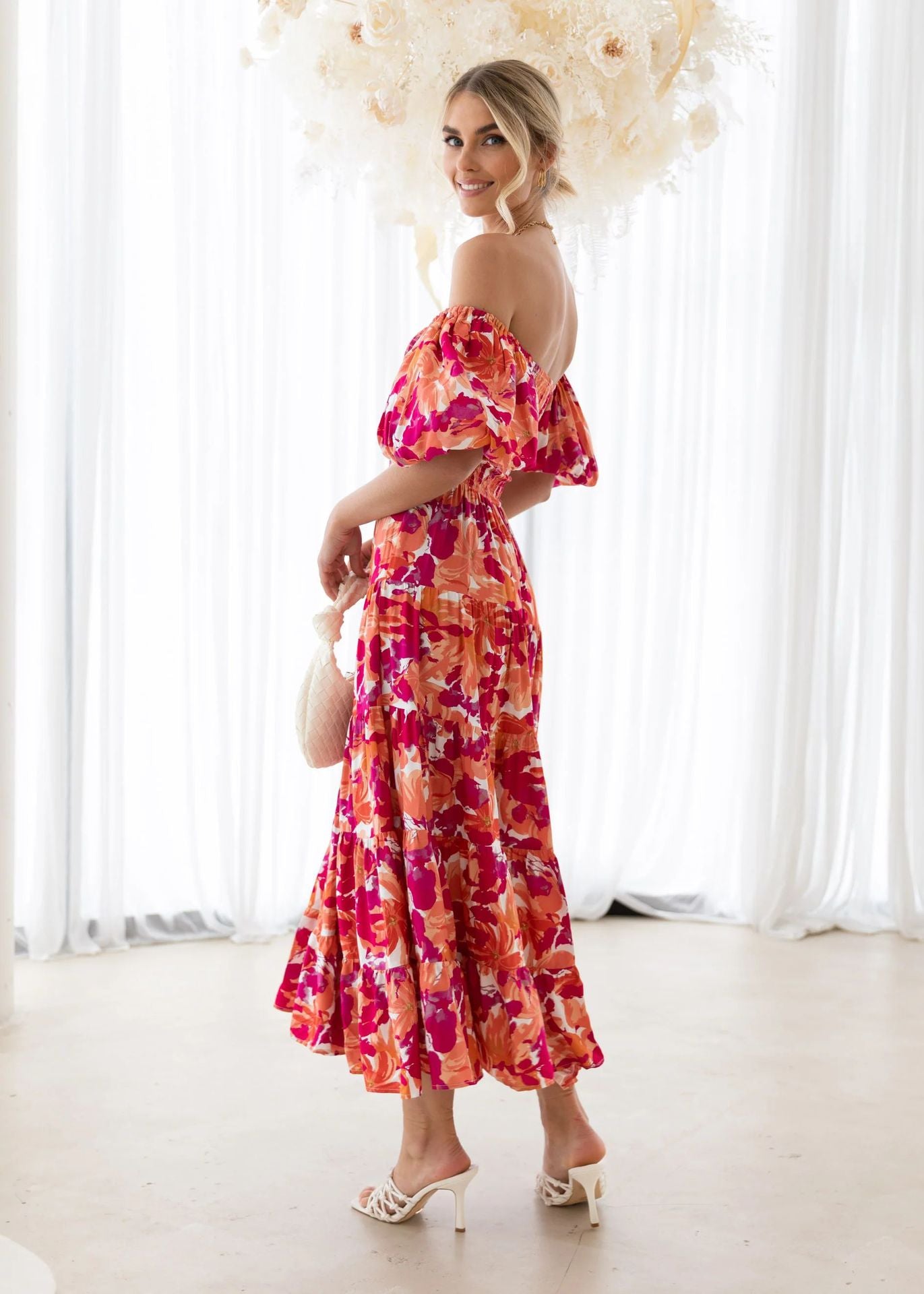 Casual Off The Shoulder Floral Print Long Dresses