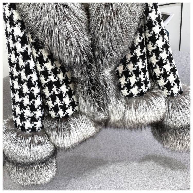Women‘s Short Houndstooth Eco-friendly Fur Jacket