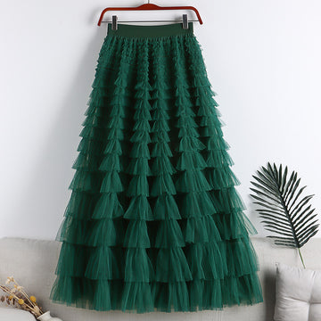 A-Line Mid-Length Tulle Skirt with Layered Mesh Insert
