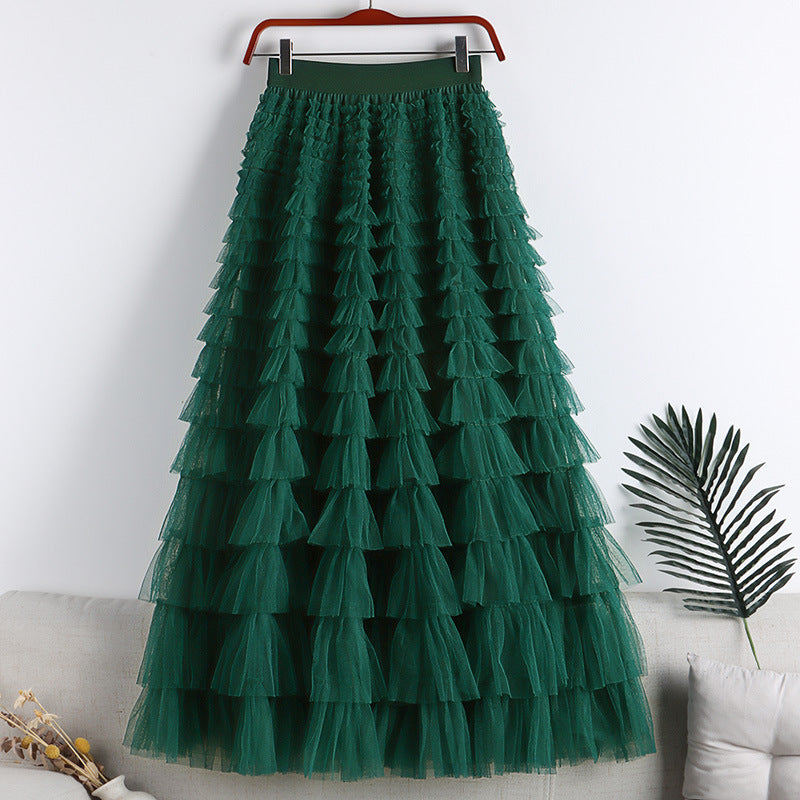 A-Line Mid-Length Tulle Skirt with Layered Mesh Insert