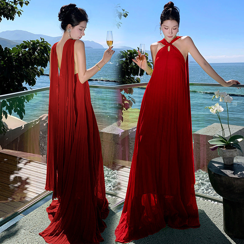 Elegant Neck-Tie Flowy Ruffle Dress – Maxi Pleated Skirt, Resort Vacation & Beach Cover-Up