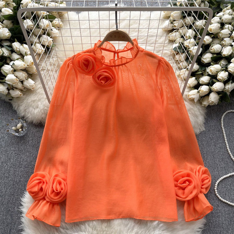 Designed 3D Flowers Chiffon Long Sleeves Shirts