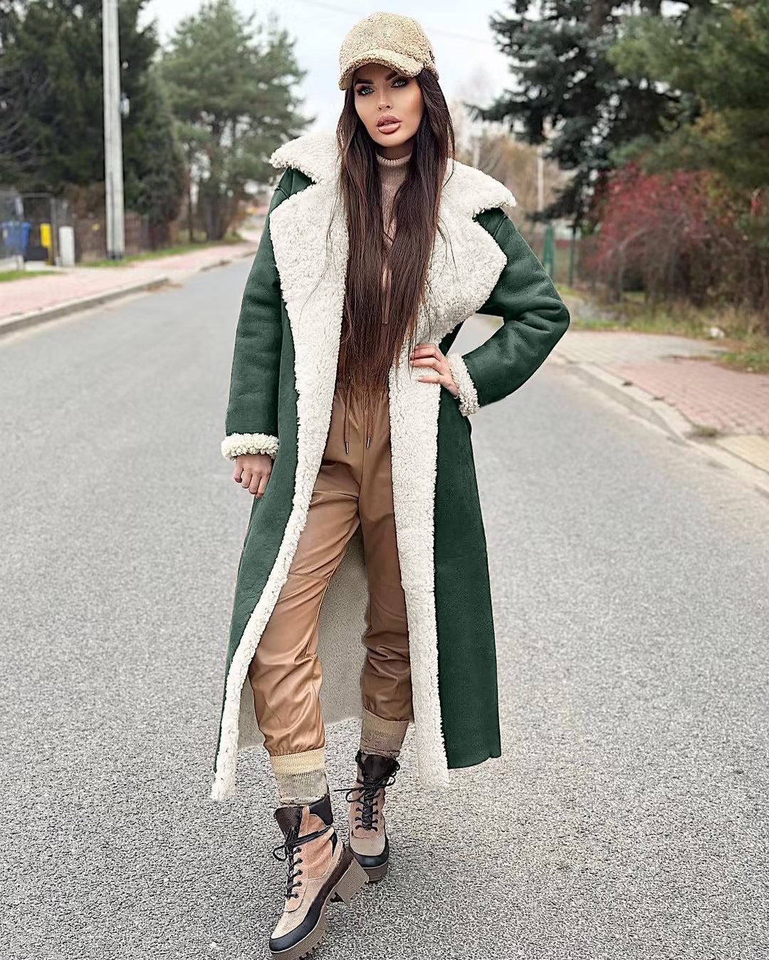 Women's Faux Leather & Fur Long Coat