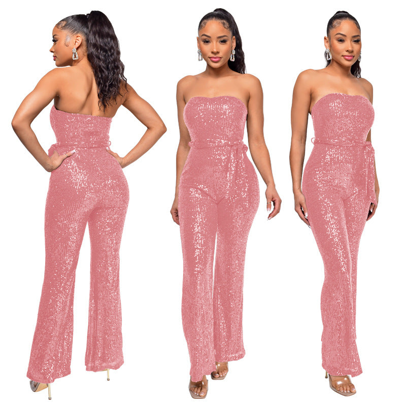 Sexy Strapless Sequined Sleeveless Jumpsuits