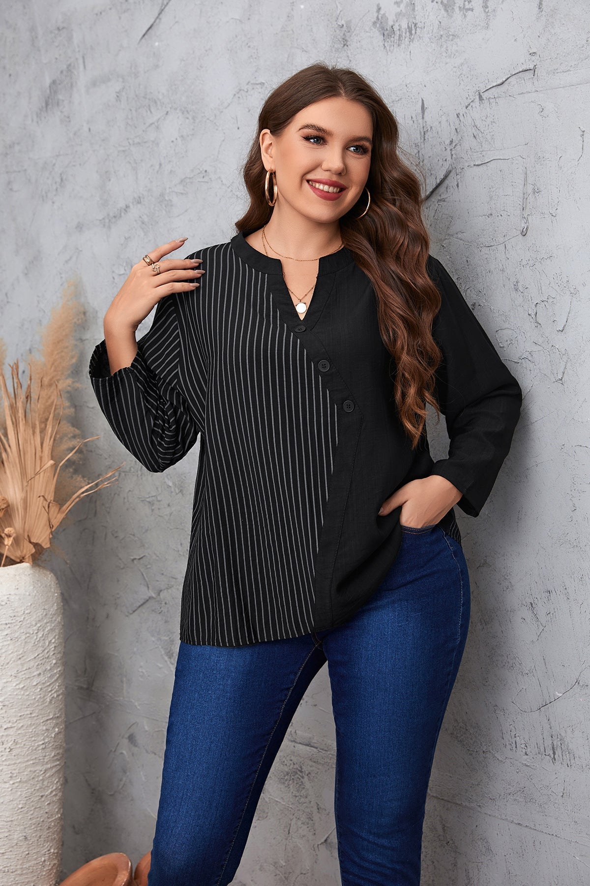 Fashion Striped Long Sleeves Plus Sizes Shirts