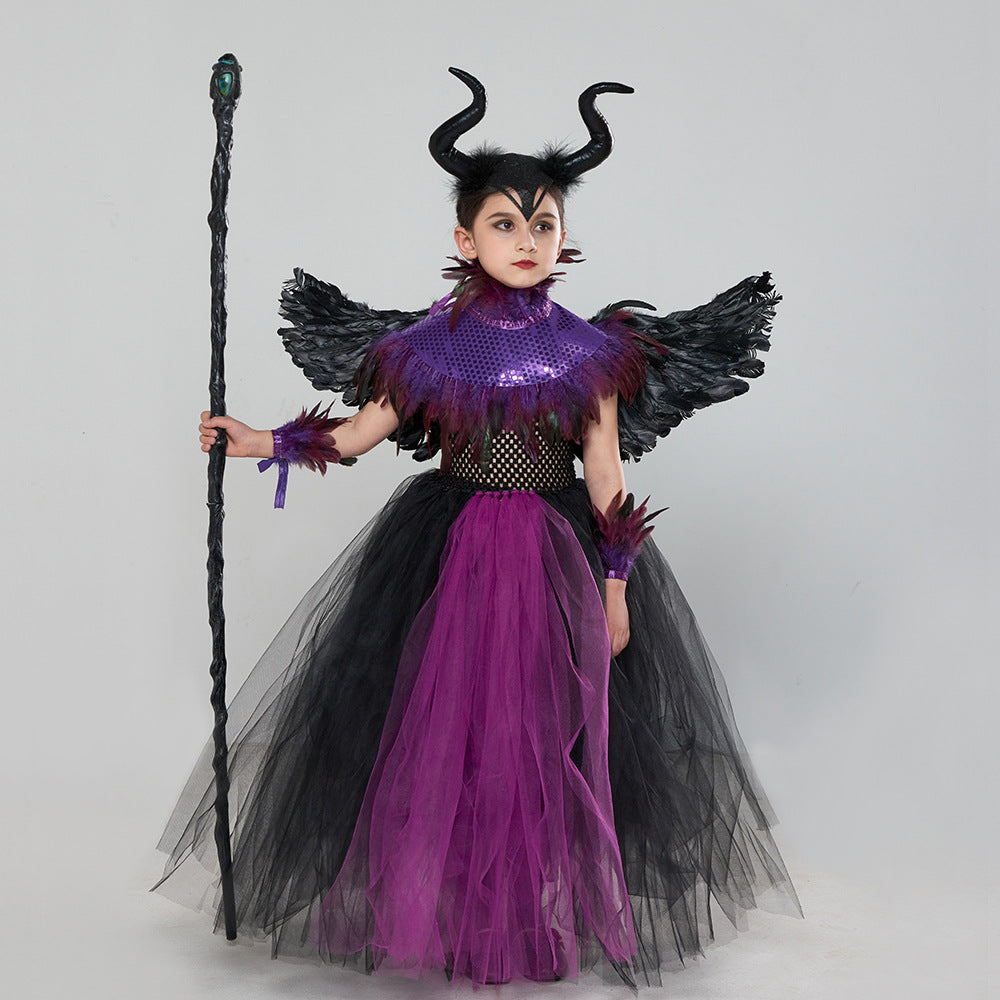 Halloween Glitter Feather Collar Witch Long Dress