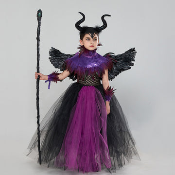Halloween Glitter Feather Collar Witch Long Dress