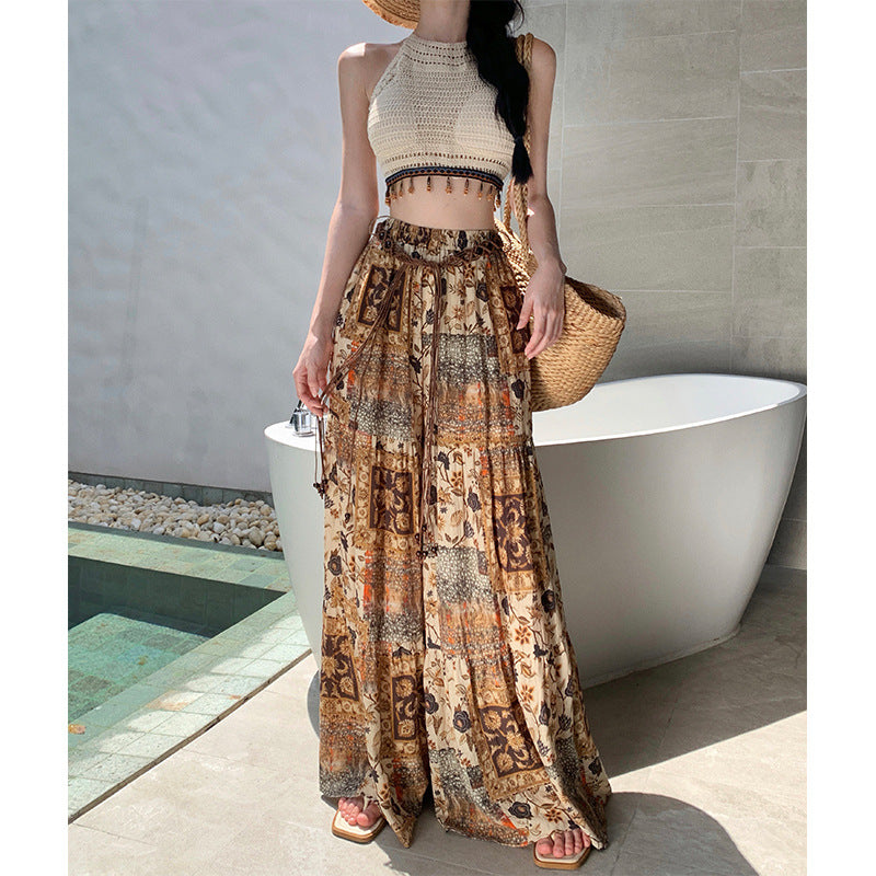 Bohemian Print High-Waisted Wide-Leg Flare Pants with Cami Top-Pants-S-Free Shipping Leatheretro