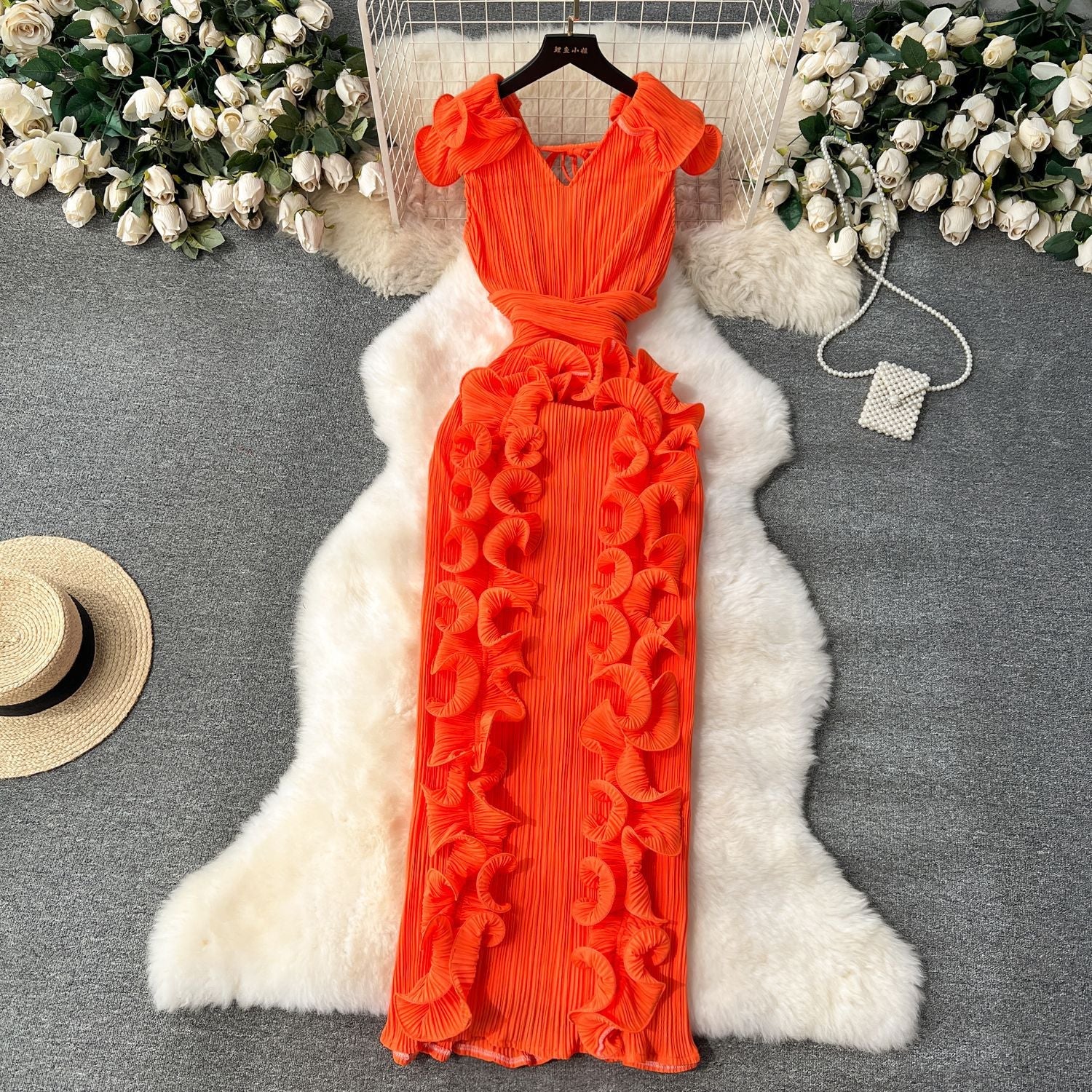 High-End Pleated Dress – Luxury Women's Designer Ruffle Hem Slim Fit Long Maxi Dress