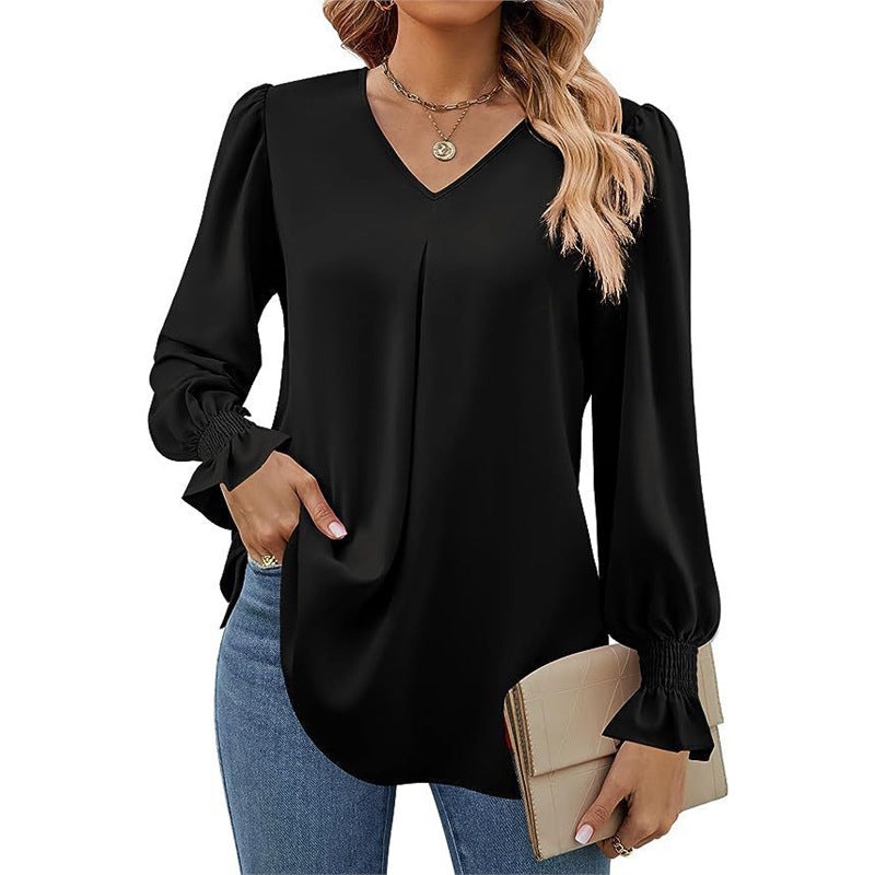 Women's Solid Color Chiffon V-Neck Bell Sleeve Blouse