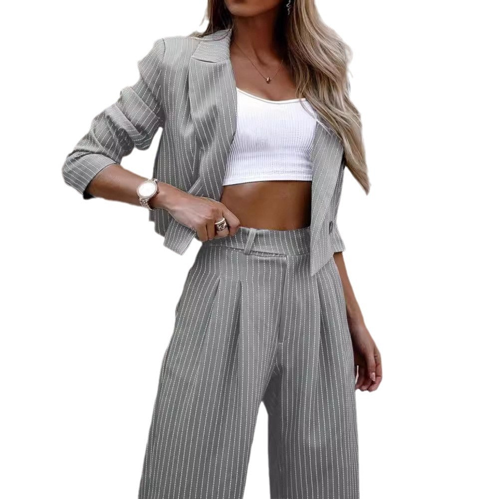 Fashion Striped Short Coats & Pants Women Suits