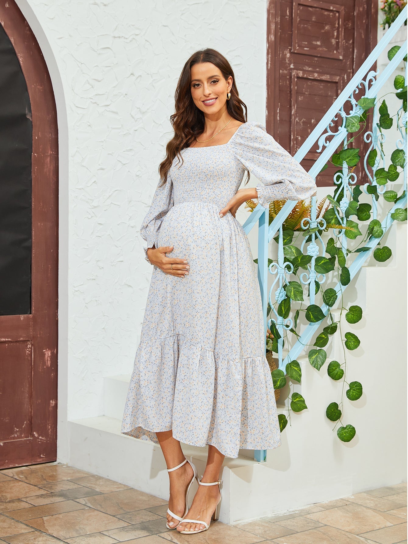 Women's Floral Print Square Neck Chiffon Dress