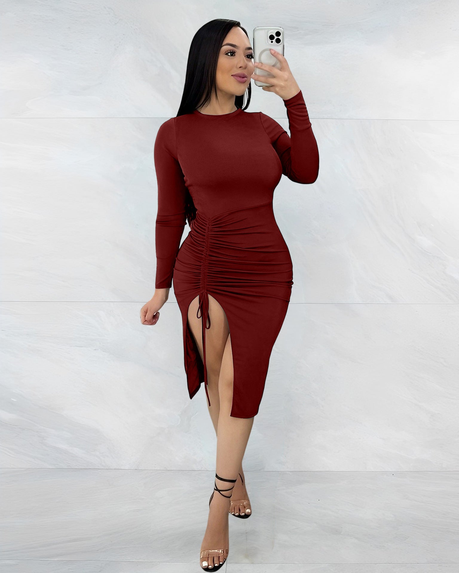 Sexy Drawstring Design Sheath Dresses for Women-Dresses-Wine Red-S-Free Shipping at meselling99