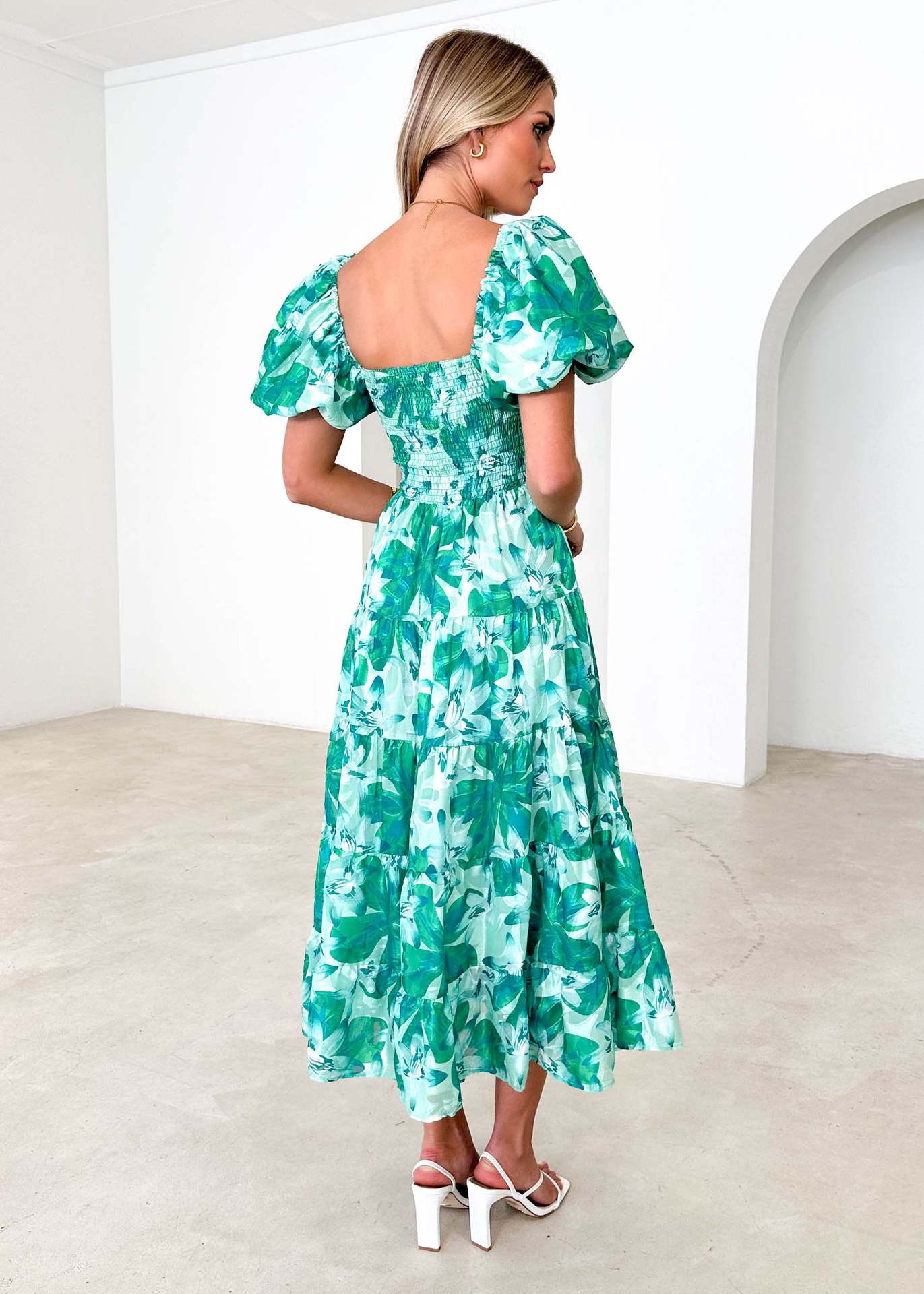 Spring Summer Off-Shoulder Floral Print Puff Sleeve Dress