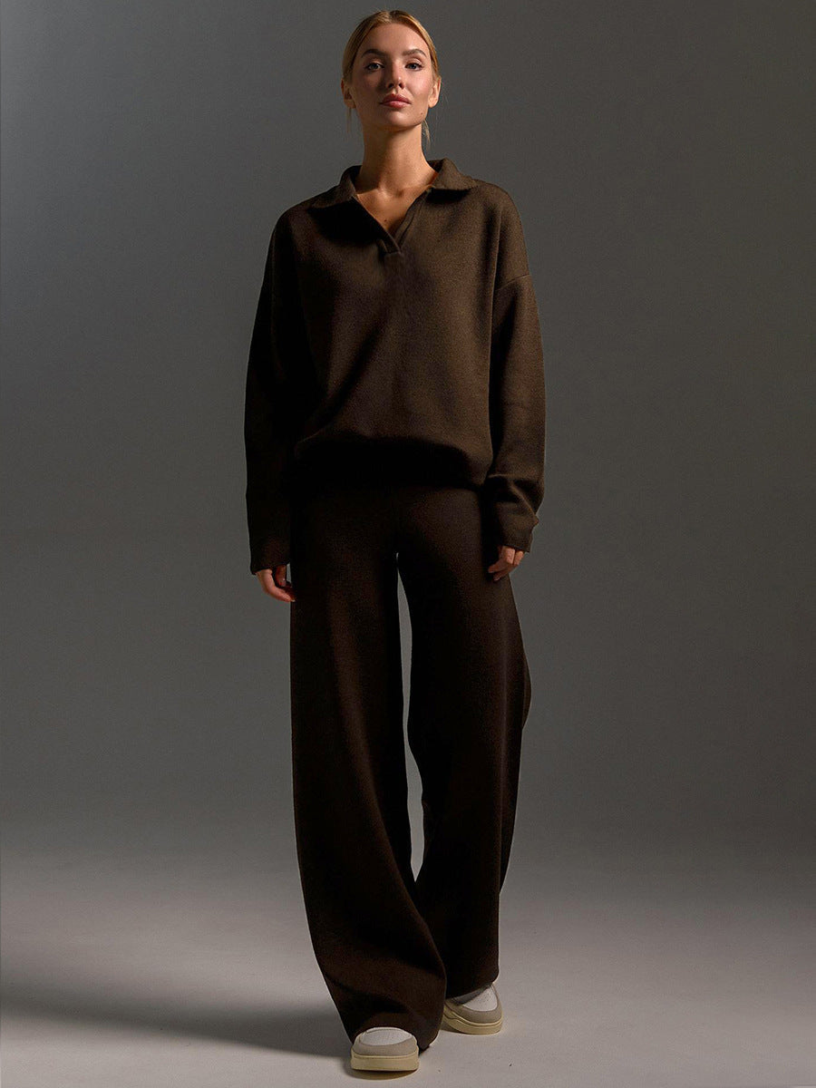 Fashion Winter Polo Neck Knitted Tops & Wide Legs Pants