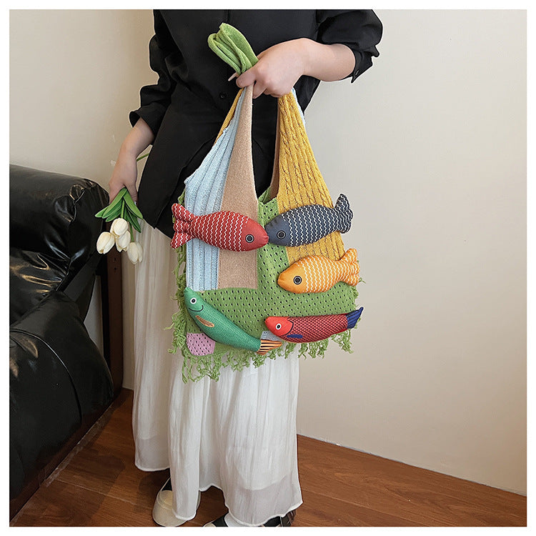Patchwork Knit Shoulder Bag with Checkered Design