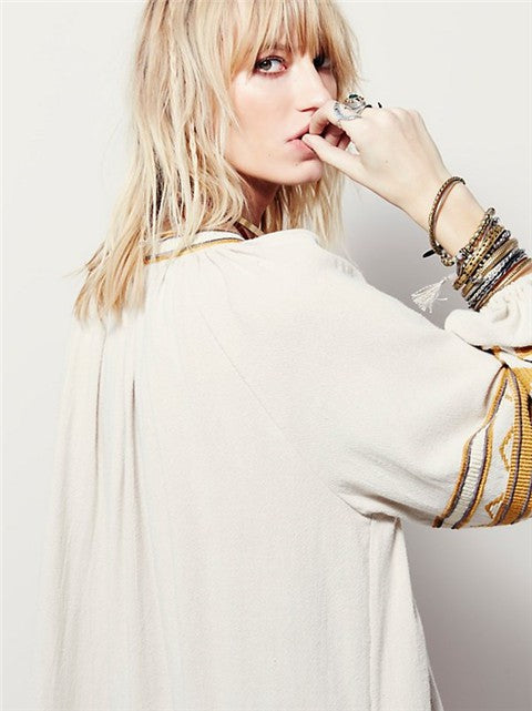 Bohemian Ethnic Embroidered Loose Front Button Dress