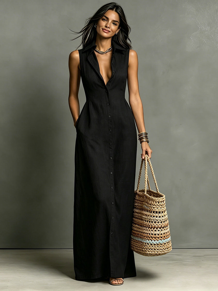 Women's Summer Sleeveless Lapel Collar Maxi Dress