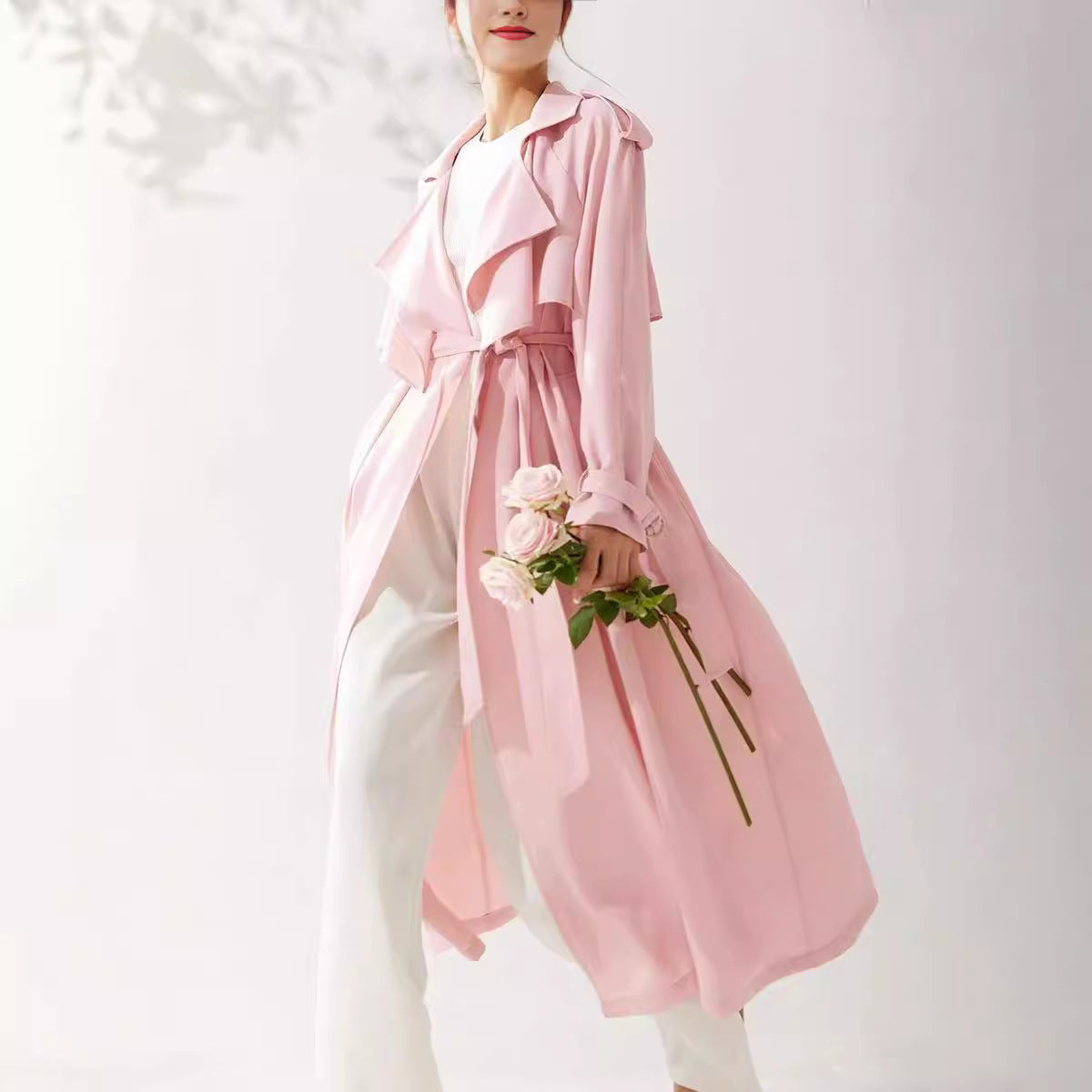 Elegant Pink Long Belted Lightweight Draped Trench Coat