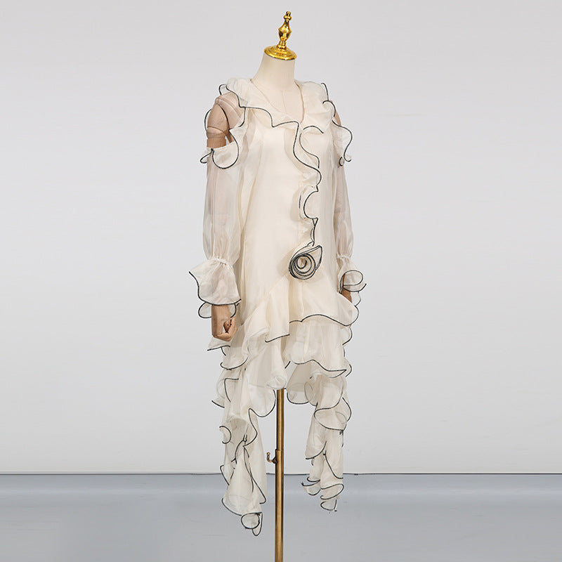 Designed Elegant Resort-Style Lace Trim White Short Dress