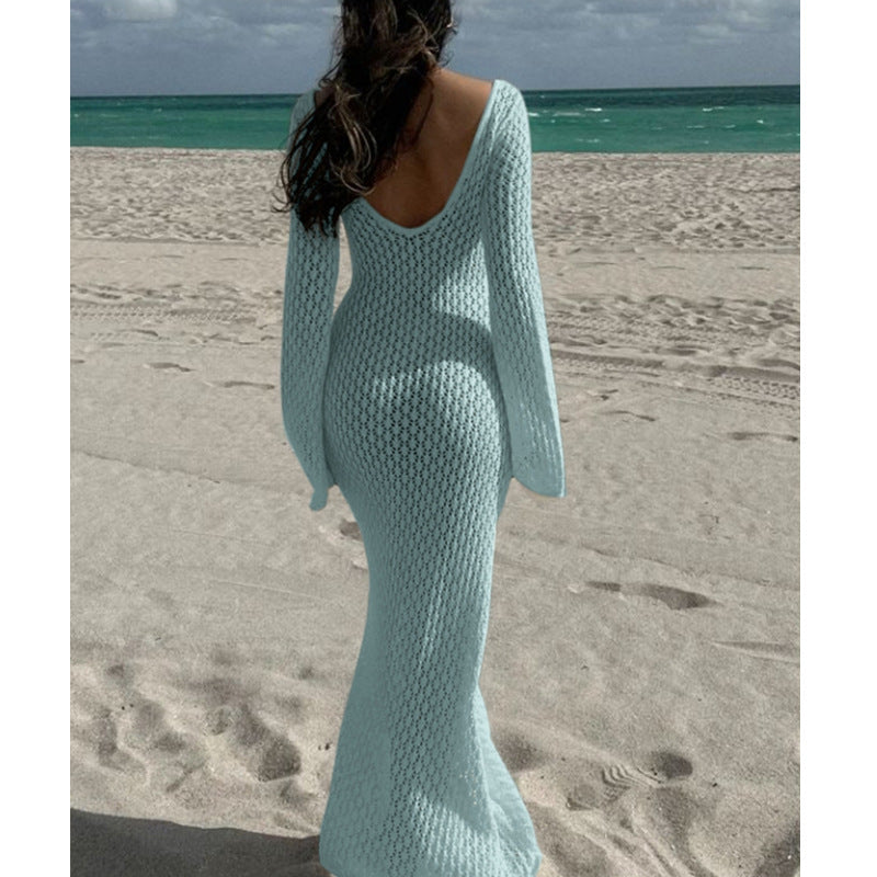 Women's V-Neck Long Sleeve Beach Cover-Up Dress