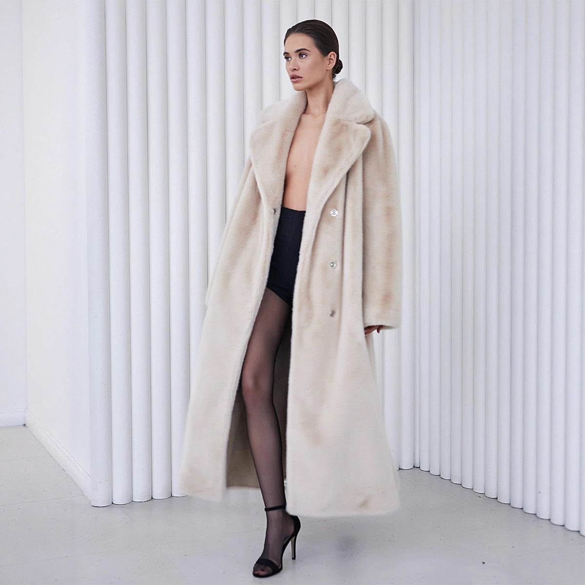 Women's Long Plush Fur Coat with Belted Waist & Notched Lapel