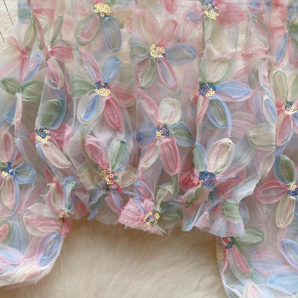 Fairy One-Shoulder Long Sleeve 3D Flower Mesh Shirt